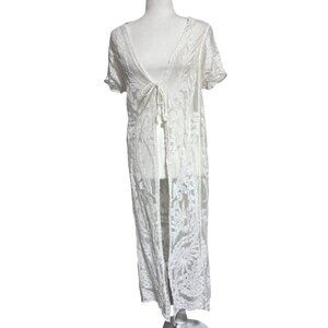 Woven Heart White Sheer Lace Floral Embroidered Boho Maxi Kimono Cover Up Size L